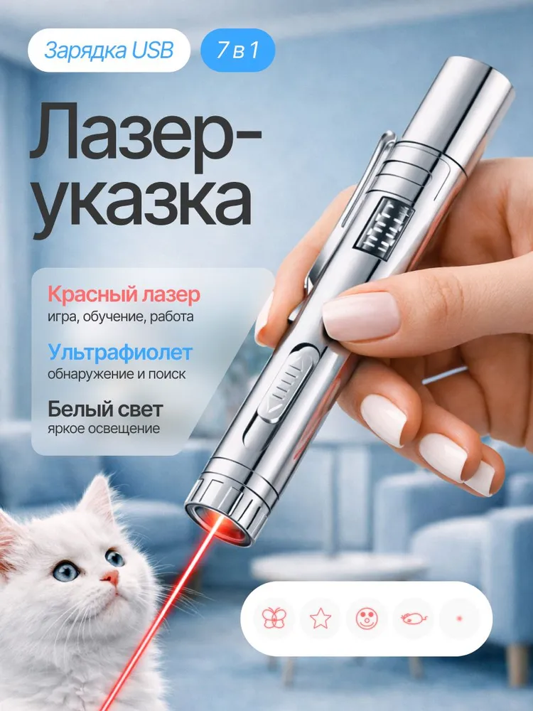 11866056355 Лазерная указка 7в1 с LED экраном, игрушка-дразнилка для кошки со светодиодным фонариком и ультрафиолетом. Ручной фонарь со встроенной зарядкой USB. Мощный лазер для собак/животных, серебристый — изображение 1