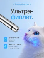 Лазерная указка 7в1 с LED экраном, игрушка-дразнилка для кошки со светодиодным фонариком и ультрафиолетом. Ручной фонарь со встроенной зарядкой USB. Мощный лазер для собак/животных, серебристый — изображение 4